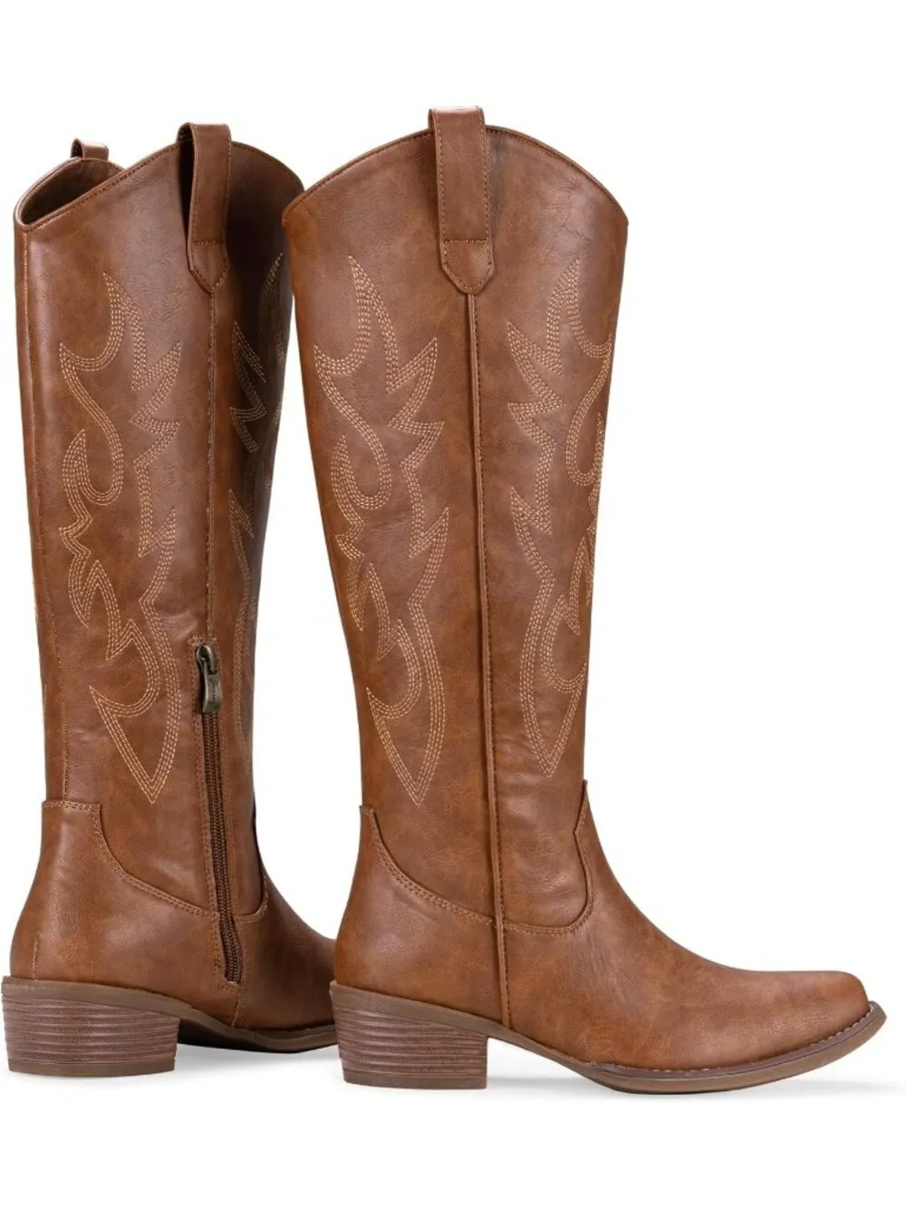 Women's Brown Knee High Western square Toe Side Zipper Low Heel Cowgirl Boot